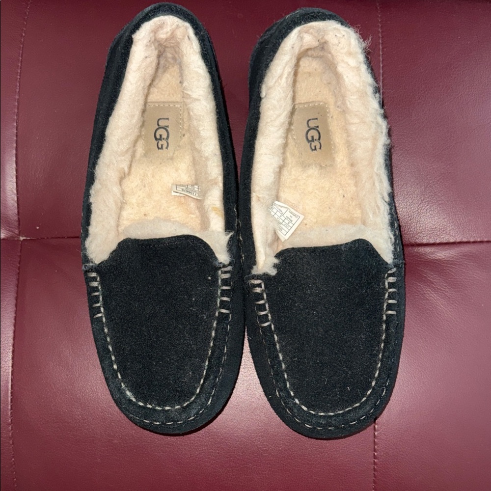 UGG Black Suede Shearling-Lined Moccasin Slippers
